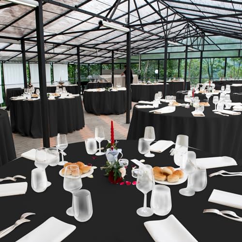 Image of 16 Pack Black Plastic Tablecloth for Round Tables, Premium Decorative Black Disposable Table Cloths for Parties, Bulk Round Party Table Cover for Birthday Wedding Anniversary Graduation, 84 Inch