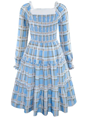 HOZIY Girls Long Sleeve Dress Ruched Smocked Tiered Ruffle A-Line Casual Boho Teen Dresses with Pocket Size 6-16 Years