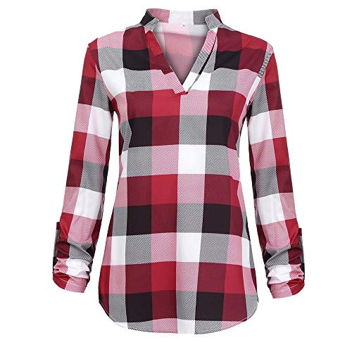 Women Long Sleeve Flannel Plaid T Shirts Pullover Sweatshirts Sexy V Neck Tops Casual Boyfriend Tunic Blouses Hoodies D-red