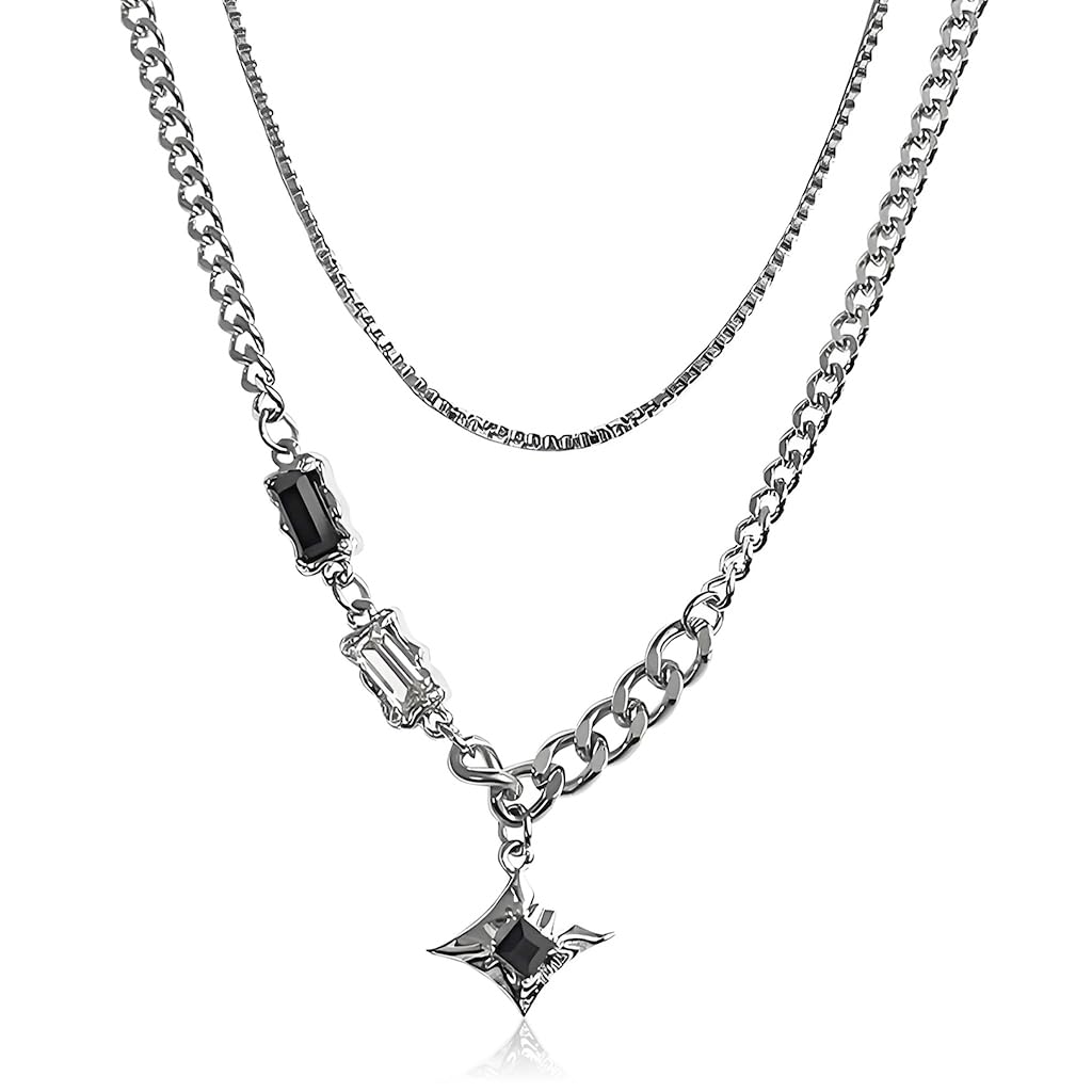 gustave Layered Chain Necklace for Men & Women Gothic Punk Fashion Jewelry with Sparkling Black Stone, Bold Streetwear Necklace, Unisex Statement Accessory for Casual & Sweater Outfits-picture-34