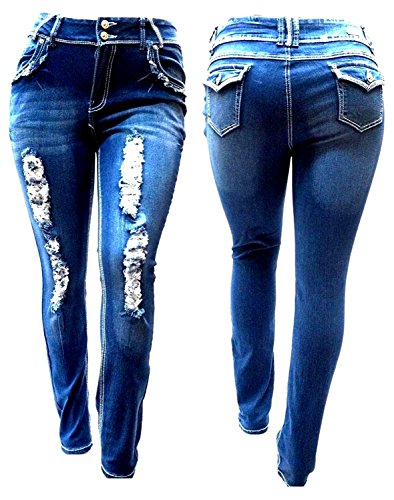 Jack David Womens Plus Size Distressed Ripped Destroy Blue Denim Jeans Skinny Pants