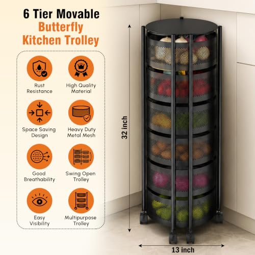 Image of JD FRESH 6 Tier Metal Rotating Kitchen Trolley /360-Degree Rotating Wheels with Expandable Side Opening Design /Movable Butterfly Trolley and Storage Shelf for Kitchen, Livingroom or Bathroom (Black)