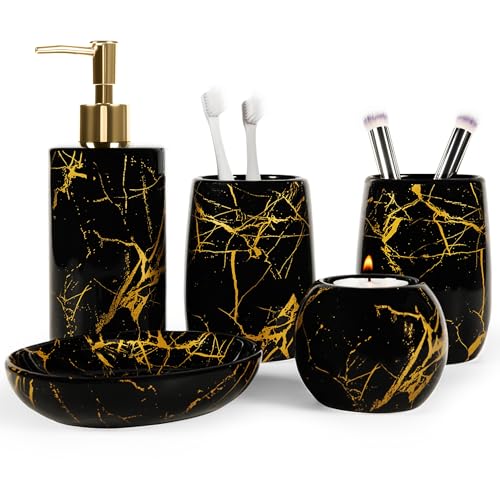 GIZBOO Ceramic Bathroom Accessory Set, 5-Piece Bathroom Accessory Set, Soap Dish, Toothbrush Holder, Soap Dispenser, Bathroom Tumbler & Candle Holder - Modern Bathroom Organizer, (Black & Gold)