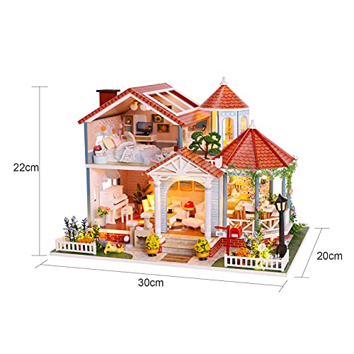 yeacher Casa de bonecas em miniatura DIY kit de casa de bonecas de madeira com móveis com luz LED We