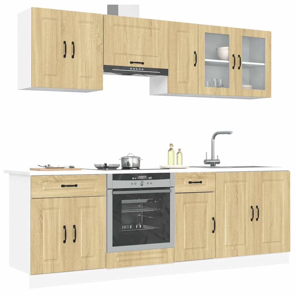 8-TLG Küchenschrank-Set Kalmar in Sonoma-Eiche - Modulare Küchenzeile aus Holzwerkstoff und Glas - Einbauküche mit Hängeschränken und Unterschränken für Herd und Spüle