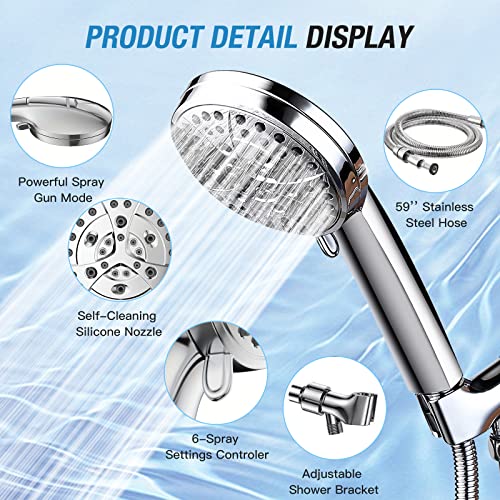 7 Functions High Pressure Shower Head With Handheld,Built-In Power Wash To Clean Corner & Pets,Luxury Chrome Look,Extra Long 59 Inch Stainless Steel Hose,Adjustable Bracket&Installation Instruction #TOP2