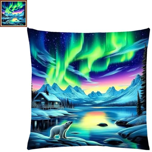 Image of Fanxvivy Stamped Cross Stitch Kits for Adults Beginners Pillow Needlepoint Kit with Embroidery Pattern Needlework Kit Prestamped Stitches Kit 11CT Cross Stitching-Northern Lights Bear 18x18 inch