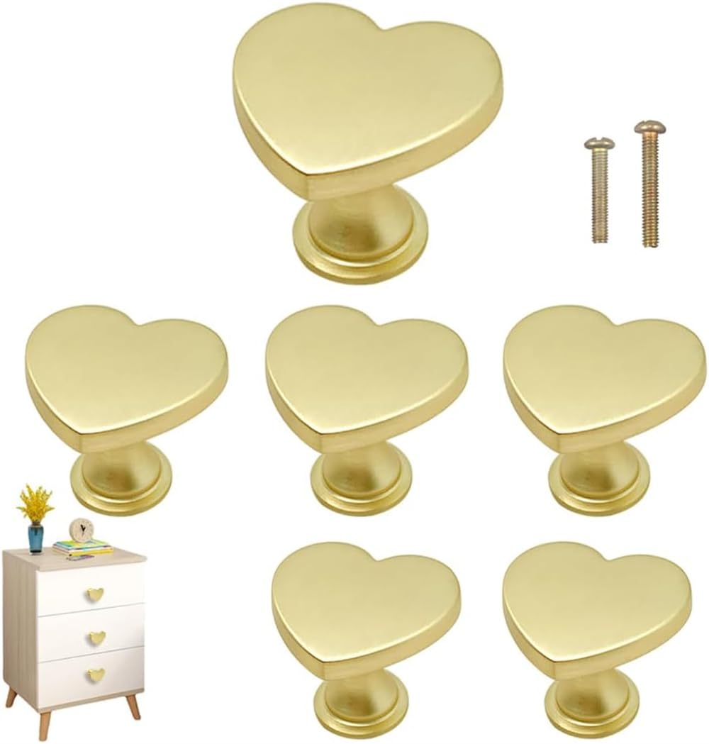 Azonee Heart Shape Brass Drawer Knobs, Zinc Alloy Cabinet Pulls for Kitchen, Bathroom & Closet, Modern 6 pcs Hardware Set