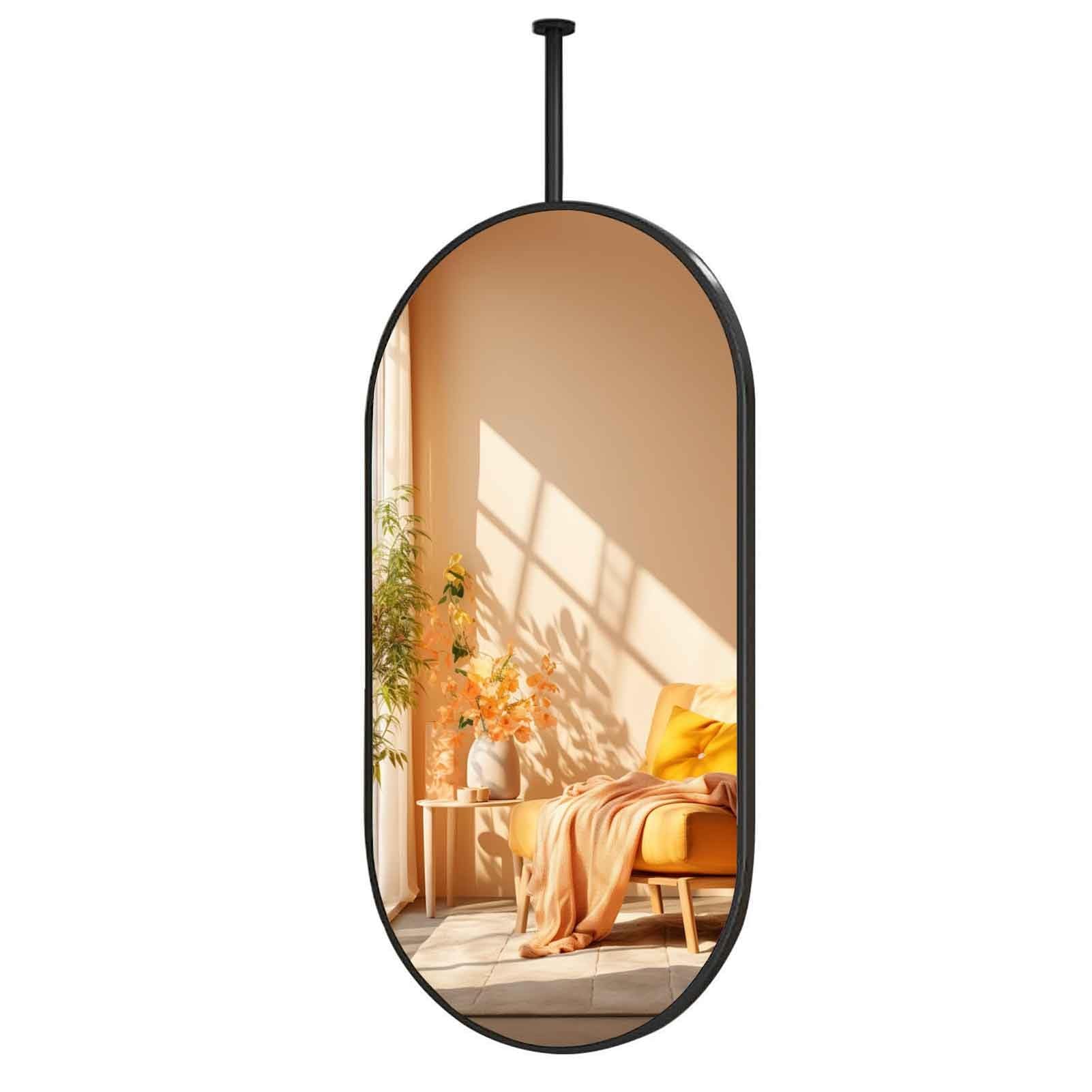 MESOVFCA Black Metal Pole Ceiling Suspended Mirror, Ceiling Mounted Suspended Corridor Living Room Entrance Hall Mirrors(50cmx80cm)