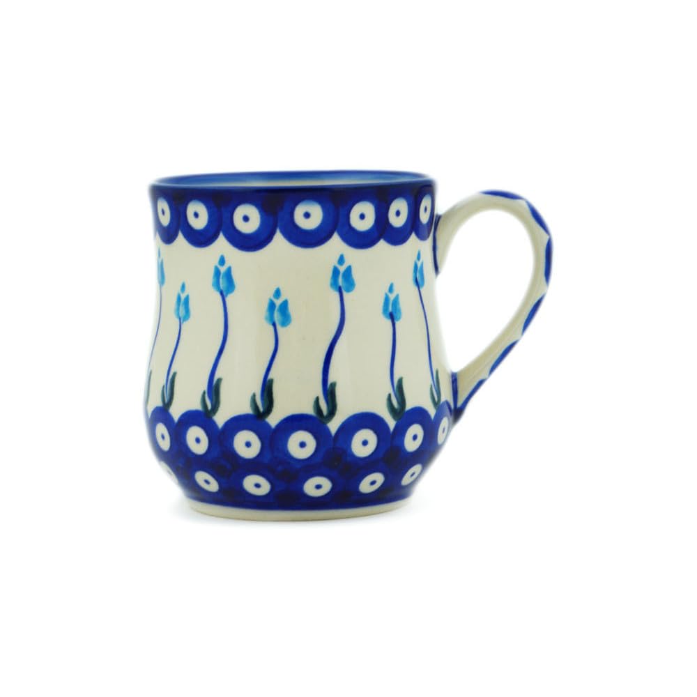 Authentic Polish Pottery Mug 13 oz in Peacock Tulip Garden Design Handmade in Bolesławiec Poland by Ceramika Bona + Certificate of Authenticity
