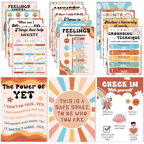 16PCS Groovy Mental Health Posters for Classroom Hippie Anxiety Therapy