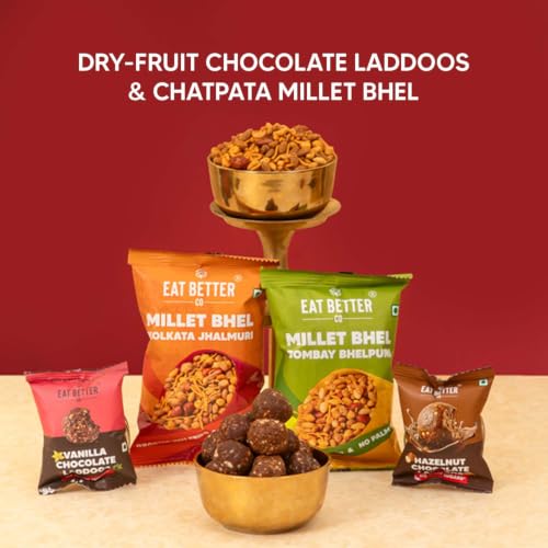 Image of Sneh 12-Item Rakhi Gift Hamper for Brother and Bhabhi - Bhaiya Bhabhi Rakhi Set, Evil Eye & Lumba Rakhi Combo, Roli-Chawal, Chocolate Dry-Fruit Laddoos, Millet Bhel, Candles, Mukhwas by Eat Better Co