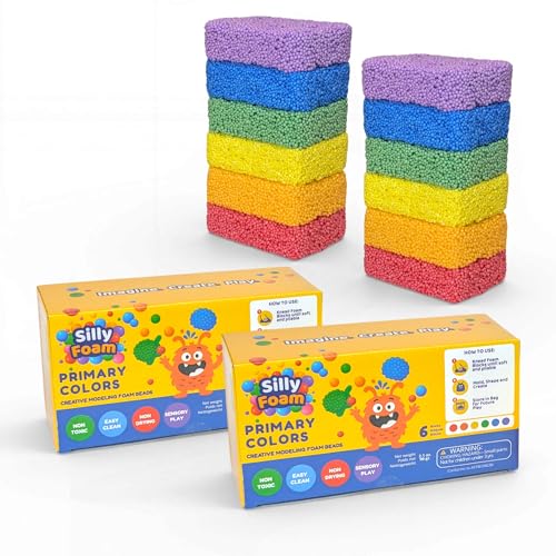 Silly Foam Creative Modeling Foam Beads 2-Pack of 6 Primary Colors Easy Clean Up Perfect for Preschool and Kids Arts & Crafts Sensory Play STEM Travel Toy Holiday Gifts Non-Toxic (Age 3+)