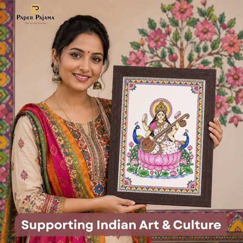 Image of PAPER PAJAMA Goddess Saraswati Vastu Wall Art for Living Room | Madhubani Saraswati Mata Painting with Veena | Traditional Mithila Religious Framed Decor for Home, Office & Study Room (10x13 Inches)