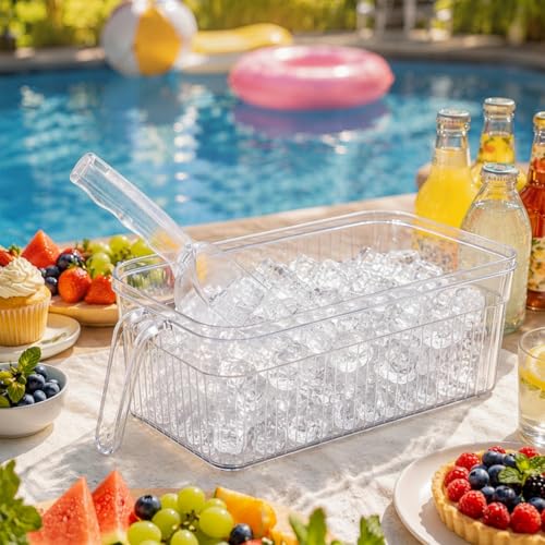 Image of Havawish Ice Storage Bin and Flexible Scoop Set Plastic Freezer Bin with Pull out Handle Storage Bucket Clear for Container with Scoop(White,12.6 x 6.3 x 4.33 in,Stripe)