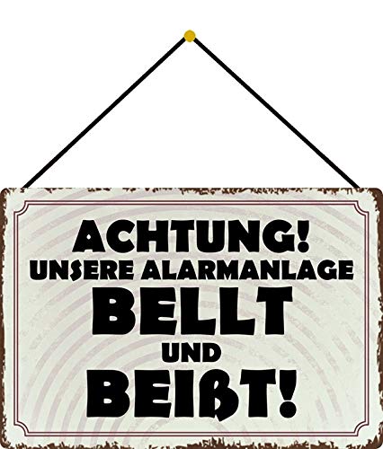 Blechschild 20x30cm gewölbt mit Kordel Achtung unsere Alarmanlage bellt und beisst Deko Geschenk Schild
