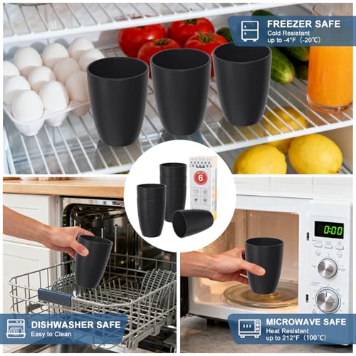 Image of 6PCS Wheat Straw Cups, 16 OZ Unbreakable Black Plastic Cups Set | Alternative to Plastic Drinking Cups for Kitchen & Camping, Dishwasher Safe Cup Set
