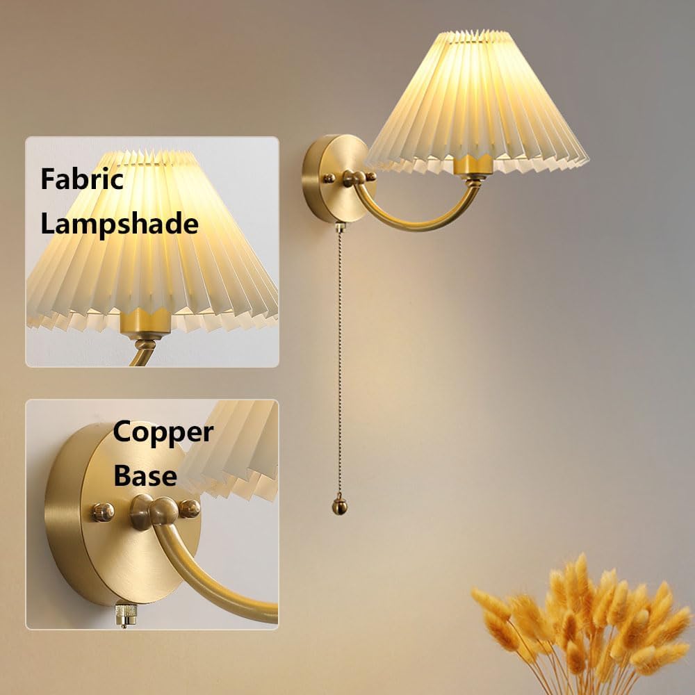 Applique da parete in ottone con catena a tirante, lampada da interni vintage con paralume in tessuto plissettato – lampada moderna per camera da letto, bagno, soggiorno