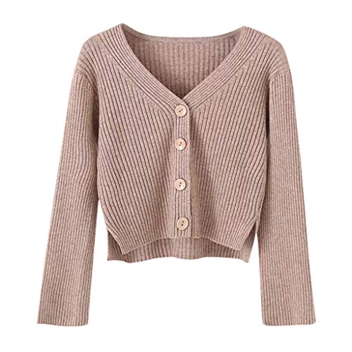 Fankle Sale Womens Button Down V Neck Long Sleeve Cropped Soft Sweater Knit Cardigan Coat(Khaki Free Size)