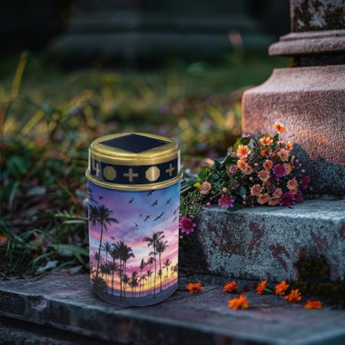 Image of Poceacles Solar Lights Outdoor Solar Powered Outdoor Cemetery Stake Candle Grave Lamp Landscape Lighting Waterproof Grave Flameless Candle, Palm Tree Beach Sunset Pattern Violet Blue, Pack of 6