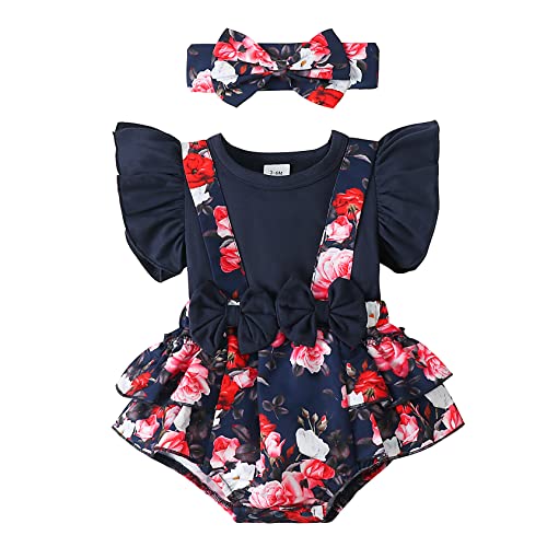 Image of Newborn Baby Girl Clothes Infant Romper Floral Suspender Dress Ruffle Sleeve Onesie Outfit Jumpsuit Headband Spring Summer