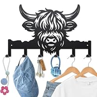 MAYJOYDIY Highland Cattle Key Holder Wall Mount 40×25cm Bullhead Animal Metal Towel Hook Coat Hanger with 6 Hooks Black Cow Wall Decorative Key Rack for Entryway Hallway Kitchen Office