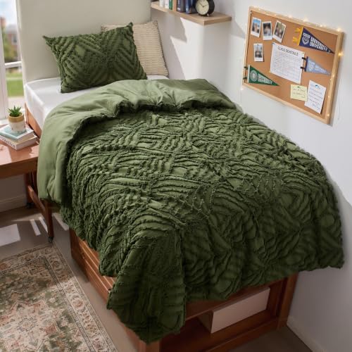 Image of BEDELITE Boho Comforter Set Twin - Tufted Boho Bedding Set, Green | Soft & Lightweight Comforter for All Seasons, Jacquard Farmhouse Bedding with 1 Pillowcase