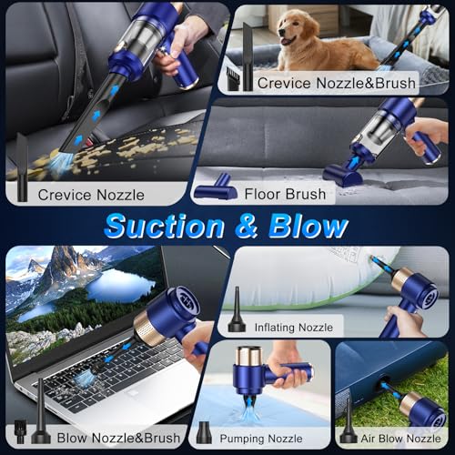 Mini Vacuum Cleaner, 15000PA Car Vacuum Cleaner Portable Cordless with LED Light, 4 in 1 Air Duster and Handheld Small Vacuum Rechargeable for Car, Home, Office, Pet(Blue)