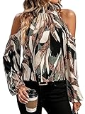 GORGLITTER Women's Cold Shoulder Long Sleeve Halter Tops Blouse Trendy Dressy Casual Fall Boho Colorful Blouses Shirt Brown Multicolor Large