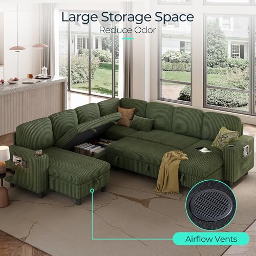 Image of LINSY HOME Sectional Sleeper Sofa with Pull Out Couch Bed - Convertible Plush Corduroy Cloud Couch with Storage Chaise & USB Charging, Comfy Modular Couches for Living Room, Green