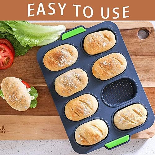 RoseFlower Silicone Bread Tin for Baking, Non-Stick Loaf Tin Silicone Baguette Baking Tray with Handle for Baking Loaves, French Breads, Breadstick, Bread Rolls (8 Grid, Grey)