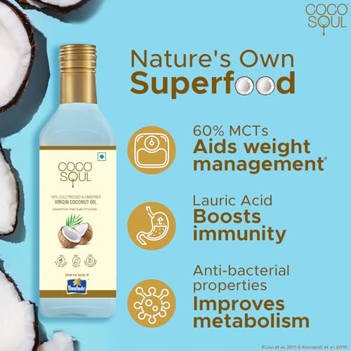 Image of Coco Soul Cold Pressed Unrefined Virgin Coconut Oil | 60% MCT | Multipurpose Usage | Daily Cooking| Keto Friendly | Naturally Cholesterol Free | A1 grade real coconut | From Makers of Parachute 1000 ml