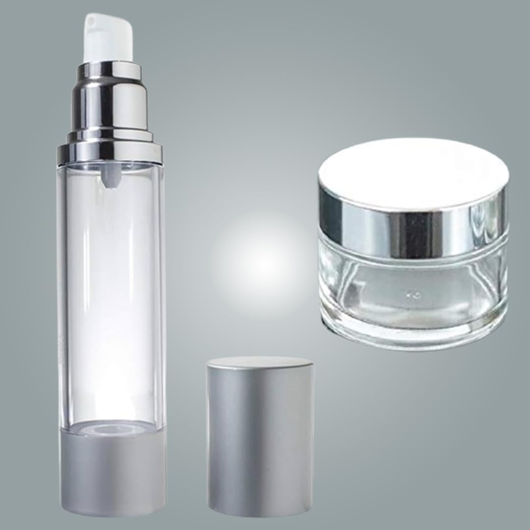 B.H.Industry (Set of 2 50ml Silver Clear Airless Pump Bottles & 50g Clear Jars with Silver Caps - Ideal for Beauty Products, Makeup, Foundations, and Serums - Lightweight, Refillable-image-11