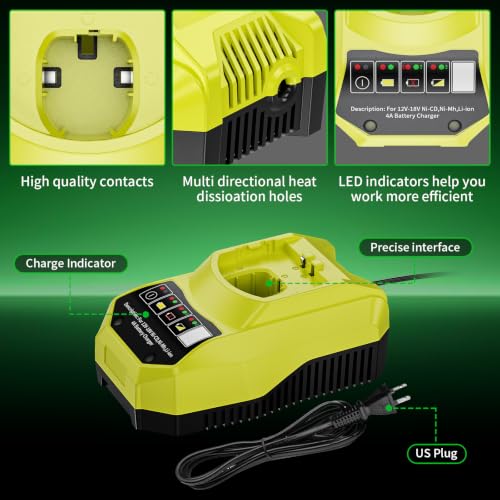 Image of 2-Pack 8.0Ah Replacement for Ryobi 18V Battery and Charger Compatible with Ryobi 18 Volt Lithium Battery Charger P117 and Batteries P108 P102 P103 P104 P105 P107 P109 P122 Cordless Power Tools