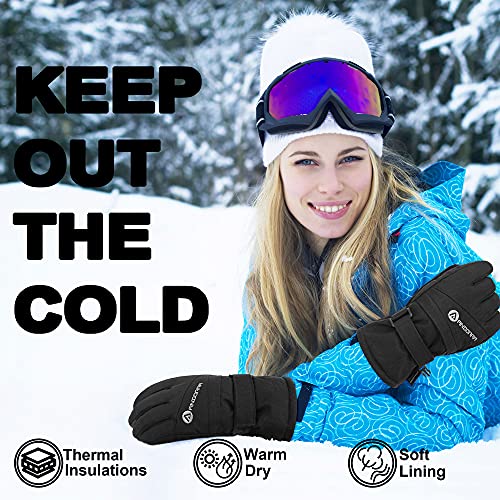 Andorra Ski Gloves Women Waterproof Zipper Pocket Ski Glove Snowboard Gloves, Black, M #TOP3