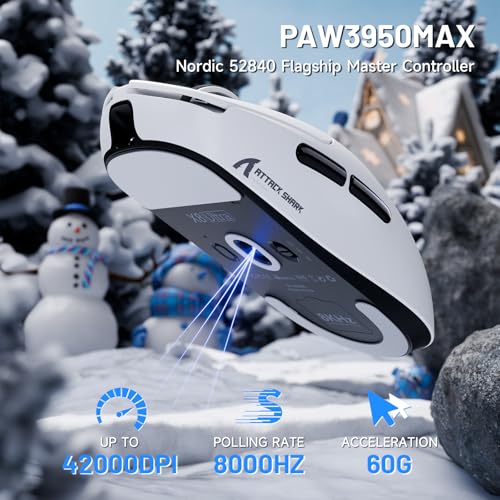Image of ATTACK SHARK X8 Ultra Wireless Gaming Mouse, 42000 DPI PAW3950MAX Sensor, 8000Hz Polling Optical Nordic 52840 Tri-Mode 2.4G /BT /Wired, 55g Lightweight Big Hand Ergonomic Mouse with Coiled Cable-White