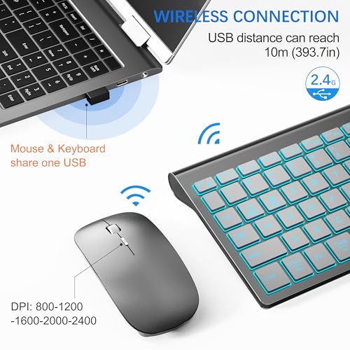 Image of Wireless Backlit Keyboard and Mouse Ultra Slim Combo, TopMate 2.4G Silent Compact 2400DPI Mouse and Scissor Switch Keyboard Set, Batteries Included, for PC /Laptop /Windows /Mac /Gaming - BL Gray Silver