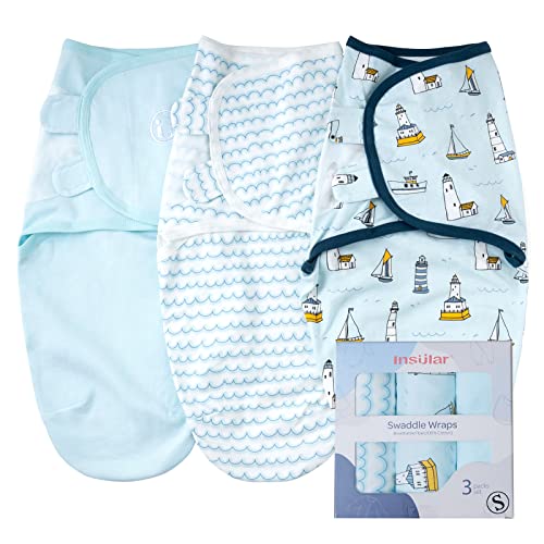 Image of insular Baby Swaddle Sacks, Swaddle Blanket for Newborn and Infant, Adjustable Velcro Set for Boy and Girl, Soft Cotton Baby Sleep Sack 3 Pack (Ocean, Small(0-3M))