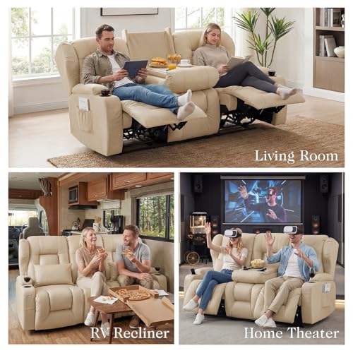 Image of Loveseat Recliner Sofa with Flip Middle Seat,3 Seater Reclining Couch Wall Hugger Recliners for Small Spaces,Fabric Manual 3 Seater Sofa Recliner with Cup Holders /Lumbar Pillows,RV Furniture,Beige