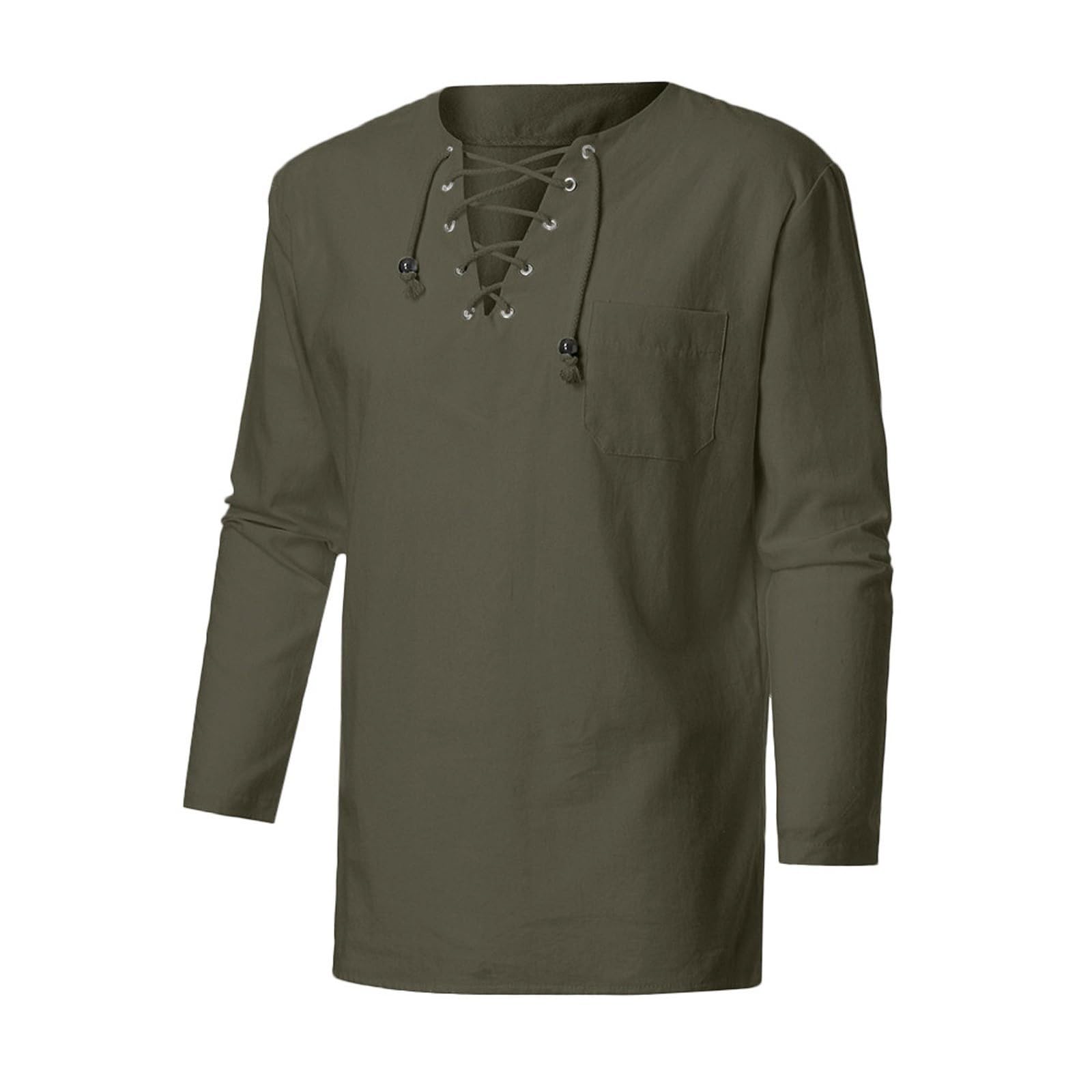 Pirate Costume Men Linen Shirts Mens Black Classic Lace Up Cotton Shirt Medieval Vintage Oktoberfest Hippy Clothes for Viking Kids a-Army Green XL