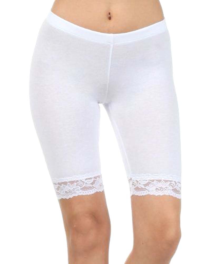 elegance1234 Ladies Stretchy LACE Cotton Above Knee Shorts Active Legging with LACE Detail (X-Large, White)