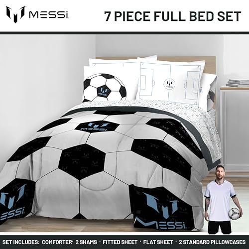 Image of Jay Franco Kids Comforter Set Includes Sheets and Pillow Cover - Soft and Cozy Bed Set for Stylish Room Decor, White - Messi, 7 Piece Full