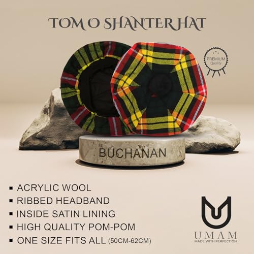 Image of Scottish Tam O' Shanter Hat Tartan Bonnet Pom Pom Wool Flat Cap One Size