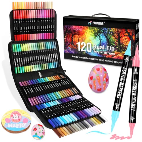 120 Colors Acrylic Paint Markers, Dual Tip Fine and Brush Tips Pens Contain 24 Metallic Color for Stone, Wood, Calligraphy, Canvas, Ceramic, Metal, Glass, Rock Painting, DIY Crafts Art Supplies Kit
