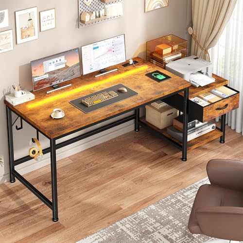 Image of 48.1''Gaming Computer Desk with A Reversible Printer Shelf, Built-in Power Outlets & LED Lights, Desk with Drawer and Headphone Hook for Gaming,Craft Working and Studying in Bedroom, Dorm,Rustic Brown