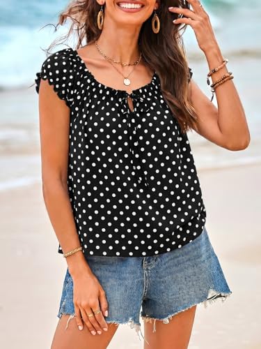 Image of Tankaneo Women Summer Tie Front Tank Tops Cap Sleeve Pleated Babydoll Tops Casual Loose Fit Going Out Flowy Shirt