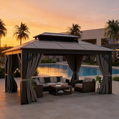 DWVO 10x12ft Gazebo Hardtop Double Roof Polycarbonate Canopy Outdoor with Netting and Shaded Curtains, Aluminum Frame Garden Tent for Patio, Backyard, Deck and Lawns, Gray