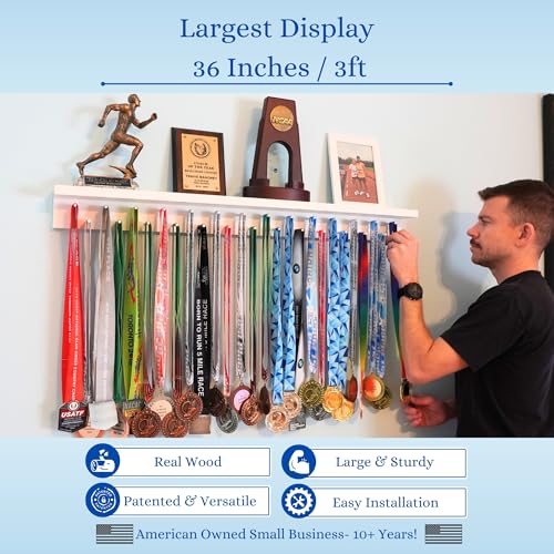 Image of 3ft Medal Hanger Display for Wall - Trophy Shelf with Hooks for Medals - 36 inch Solid Wood - Holds 30+ Medals + Cased Medals for Running, Gymnastics, Cheer, Karate - White- Medal Awards Rack