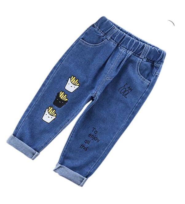 Tagas Jeans in denim stampati per ragazzi con design a toppa con cartoni animati|Pantaloni|| Jeans slim regolari per bambini ||Pantaloni rilassati |, Blu navy, 2-3 Y