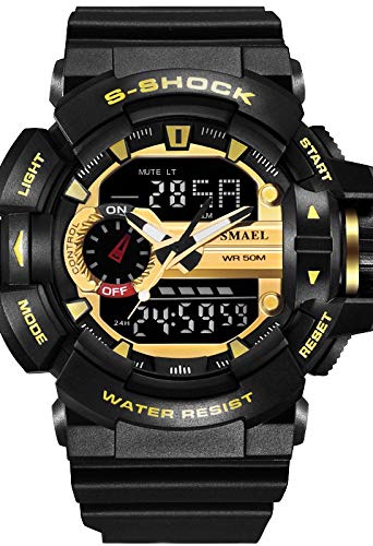 Hombre Reloj Deportivo Militar Digital Japonés Calendario/Cronógrafo/PU/Silicona Banda Casual/Resistente a los Golpes/Resistente al Agua (Negro y Oro)